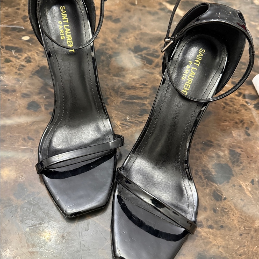 Saint Laurent Black Heels with Gold Logo - Picture 3 of 5